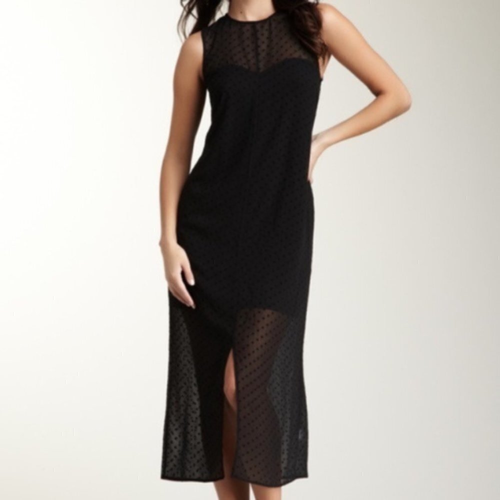 Kensie Sheer Polka Dot Midi Dress Women's Size L Black Dark Feminine Goth